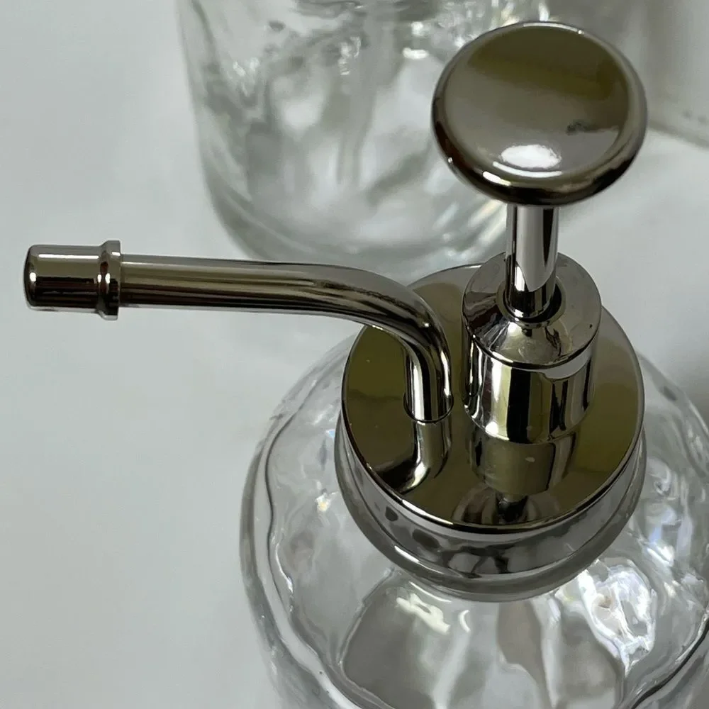 Two Elegant Clear Glass Oilcan Soap & Lotion Dispenser Set w/Chrome Accents